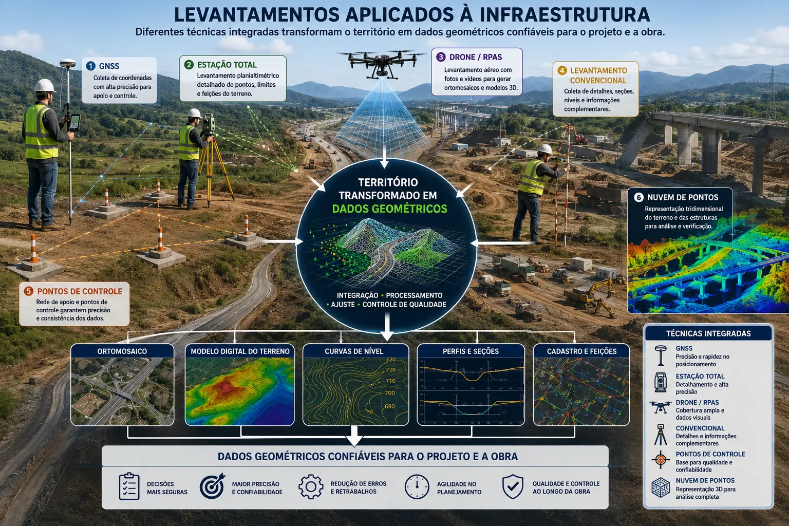 Levantamentos aplicados à infraestrutura com GNSS, estação total, drone, pontos de controle e nuvem de pontos.