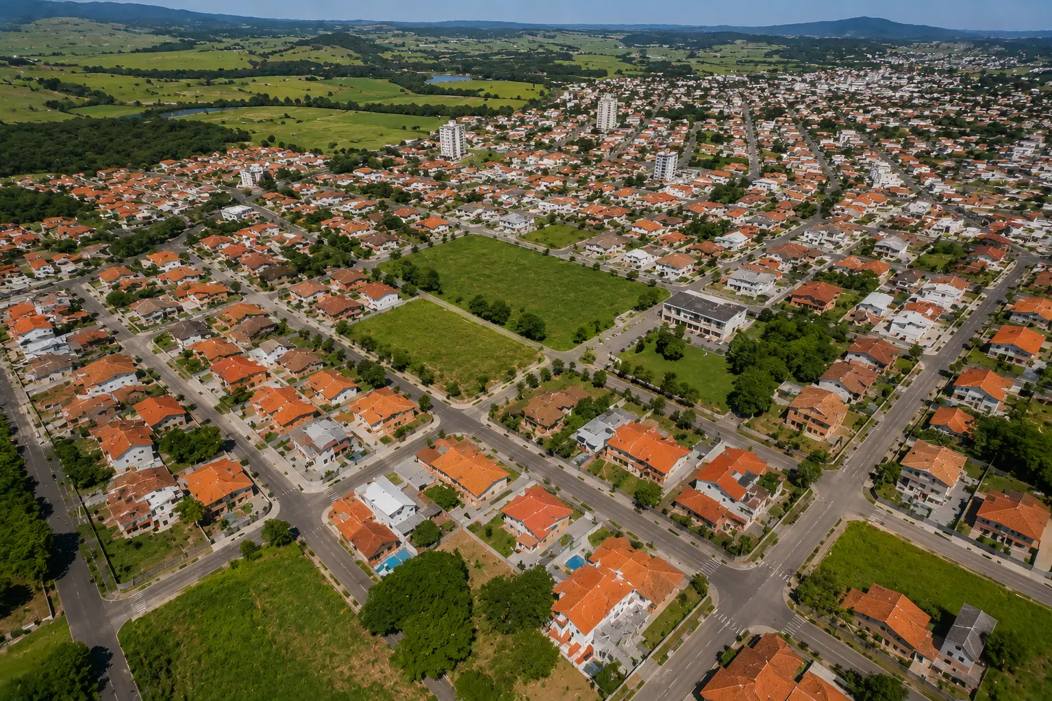 Vista aérea de área urbana integrada a áreas rurais, com ruas, edificações e parcelas territoriais