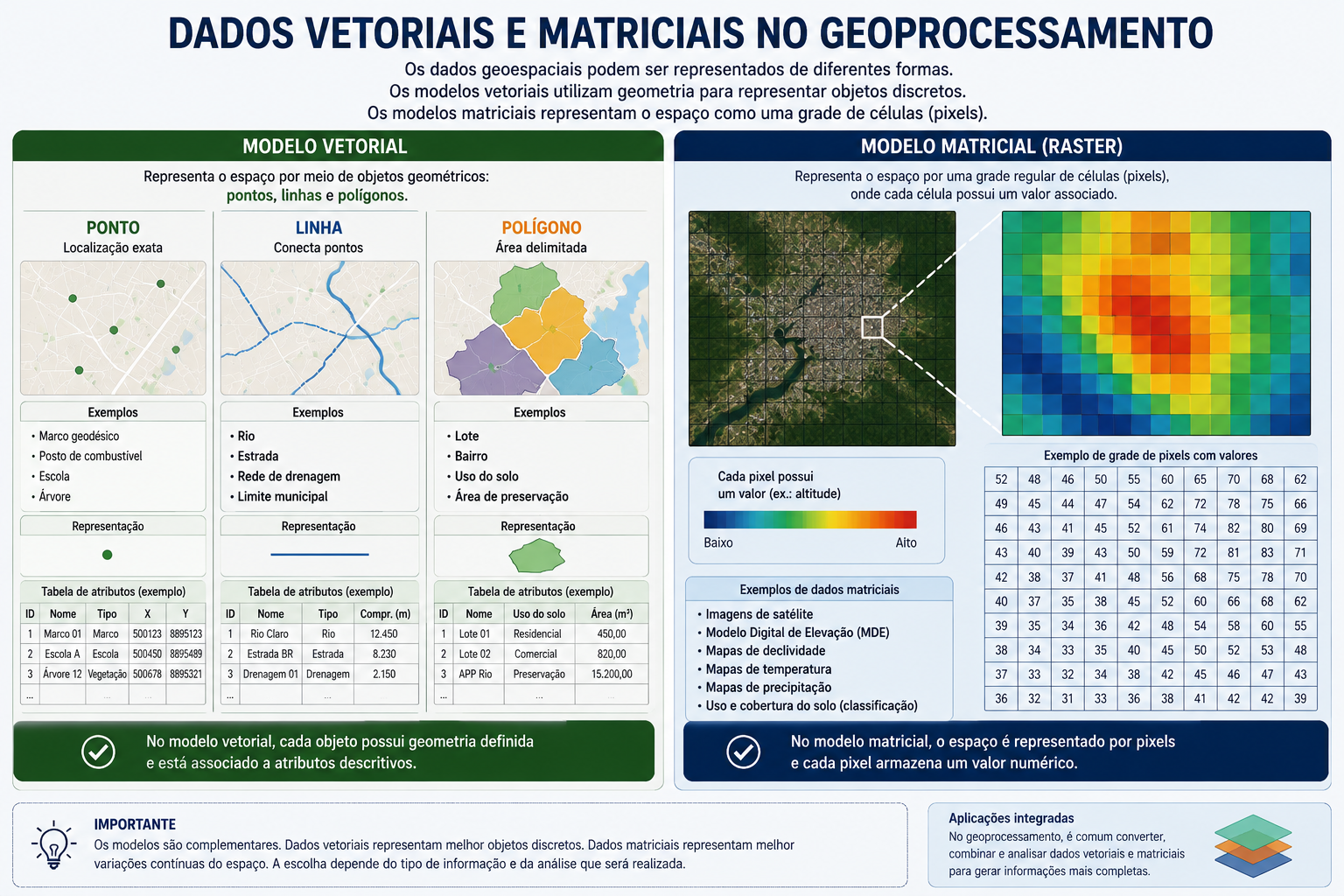 Comparação entre o modelo vetorial (ponto, linha e polígono) e o modelo matricial (grade de pixels com valores)