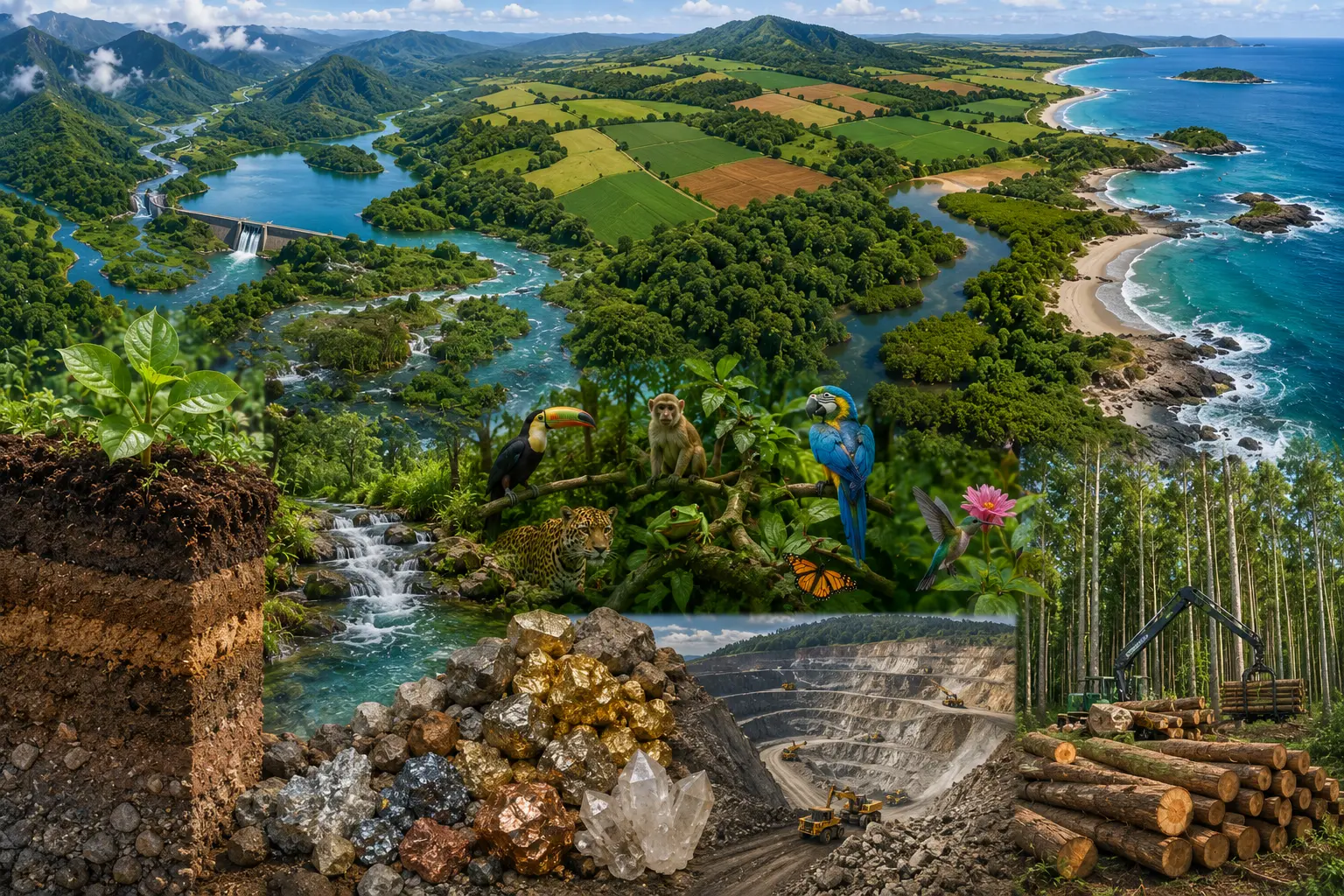 Composição de recursos naturais: perfil de solo, rios e represa, floresta com biodiversidade, minerais, mineração e produção florestal.