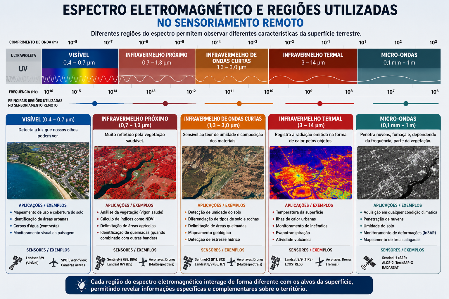 Espectro eletromagnético com as regiões utilizadas em Sensoriamento Remoto e exemplos de resposta da vegetação, da água e do solo