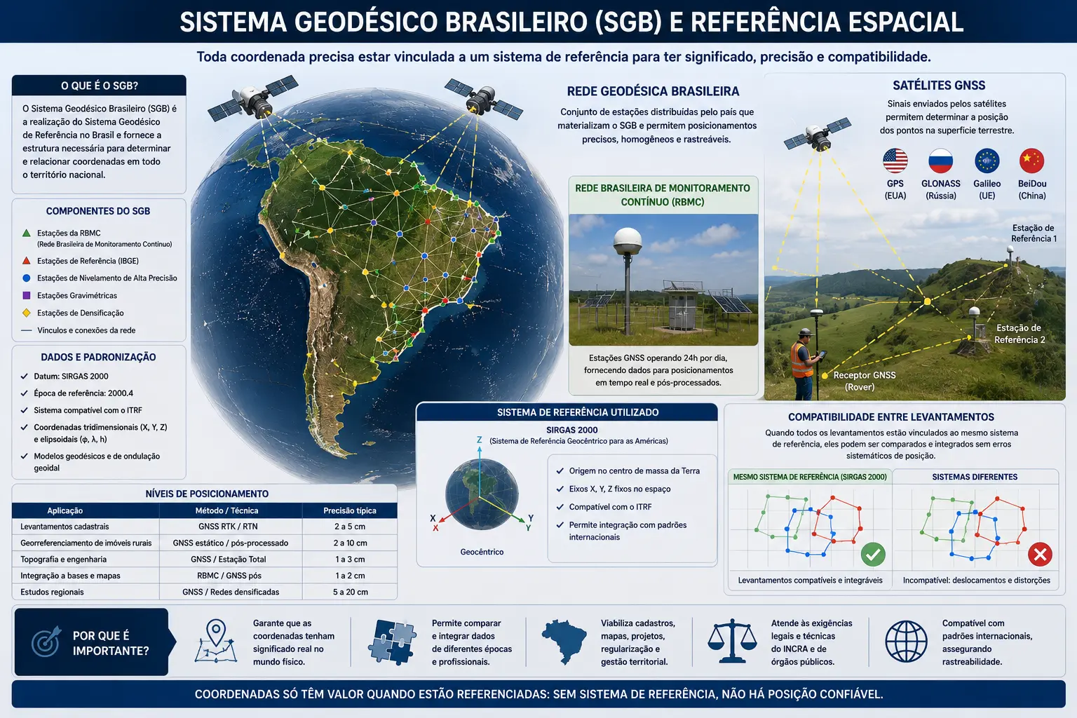 Sistema Geodésico Brasileiro (SGB) e referência espacial: rede geodésica, RBMC, satélites GNSS e SIRGAS 2000