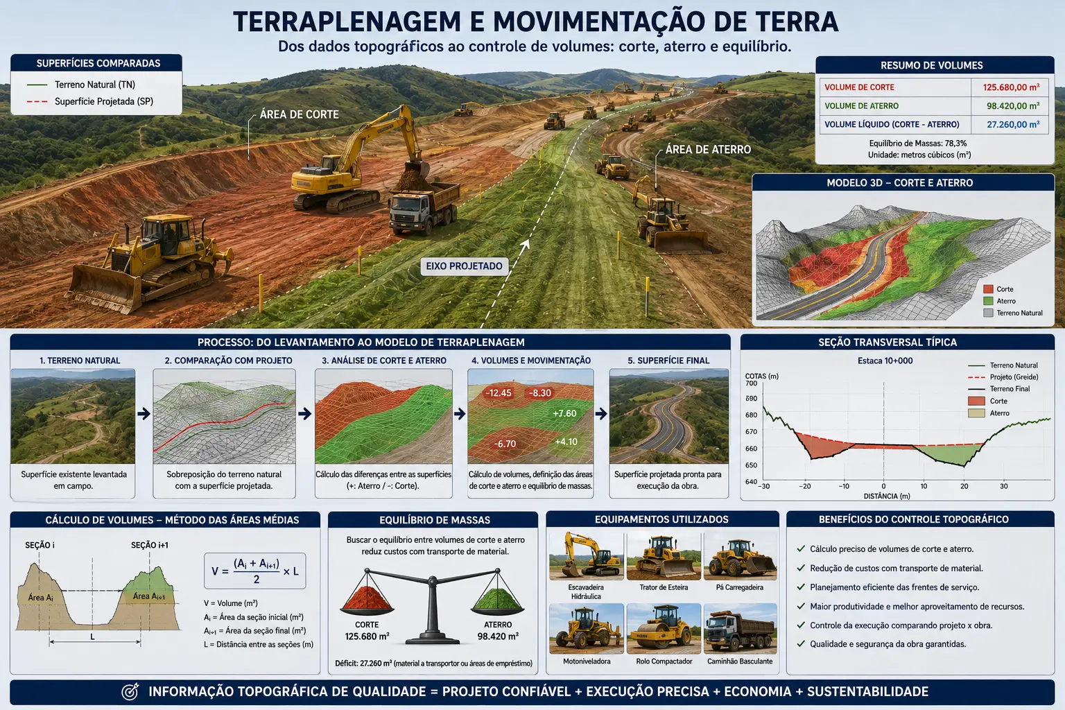 Terraplenagem e movimentação de terra mostrando corte, aterro, volumes e comparação entre terreno natural e projeto.