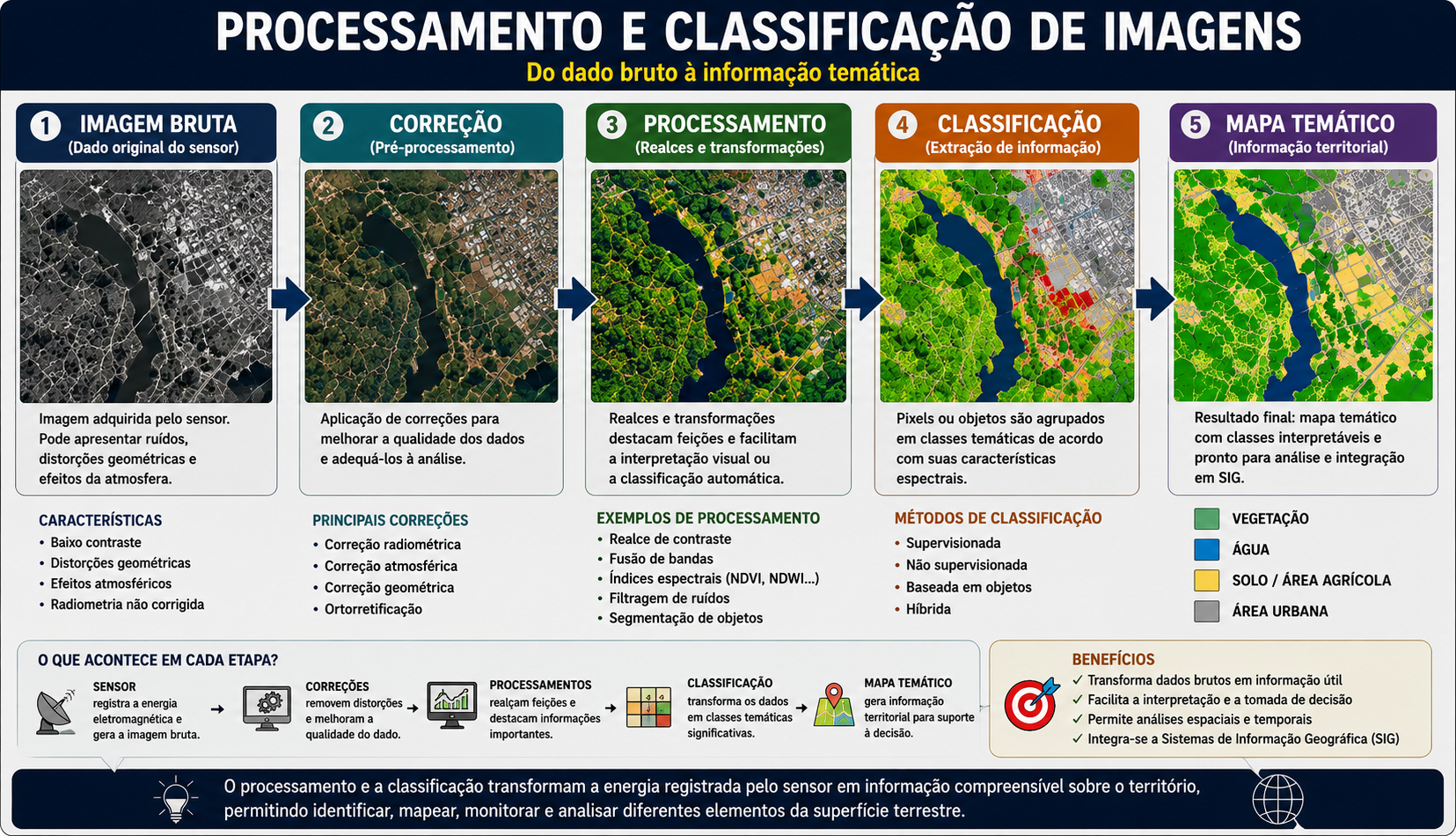 Fluxo do processamento de imagens remotas: imagem bruta, correção, processamento, classificação e mapa temático