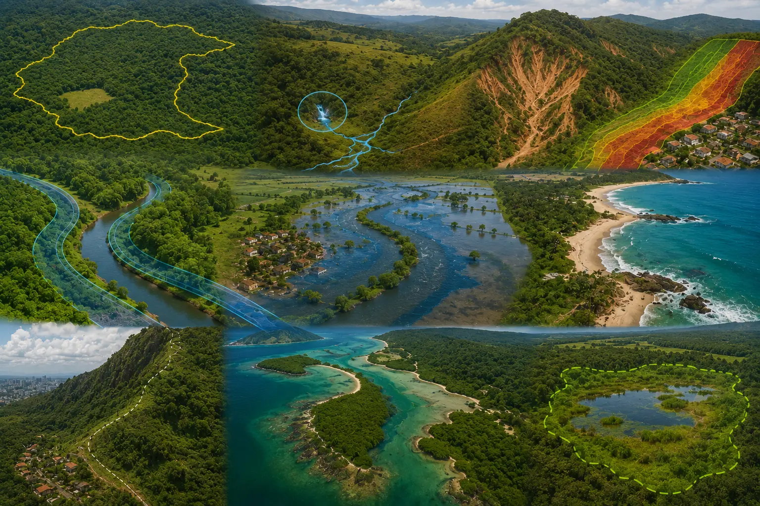Paisagem com delimitação de áreas ambientalmente sensíveis: unidade de conservação, nascentes, faixas de curso d'água, encostas com risco, área inundável e zona costeira.