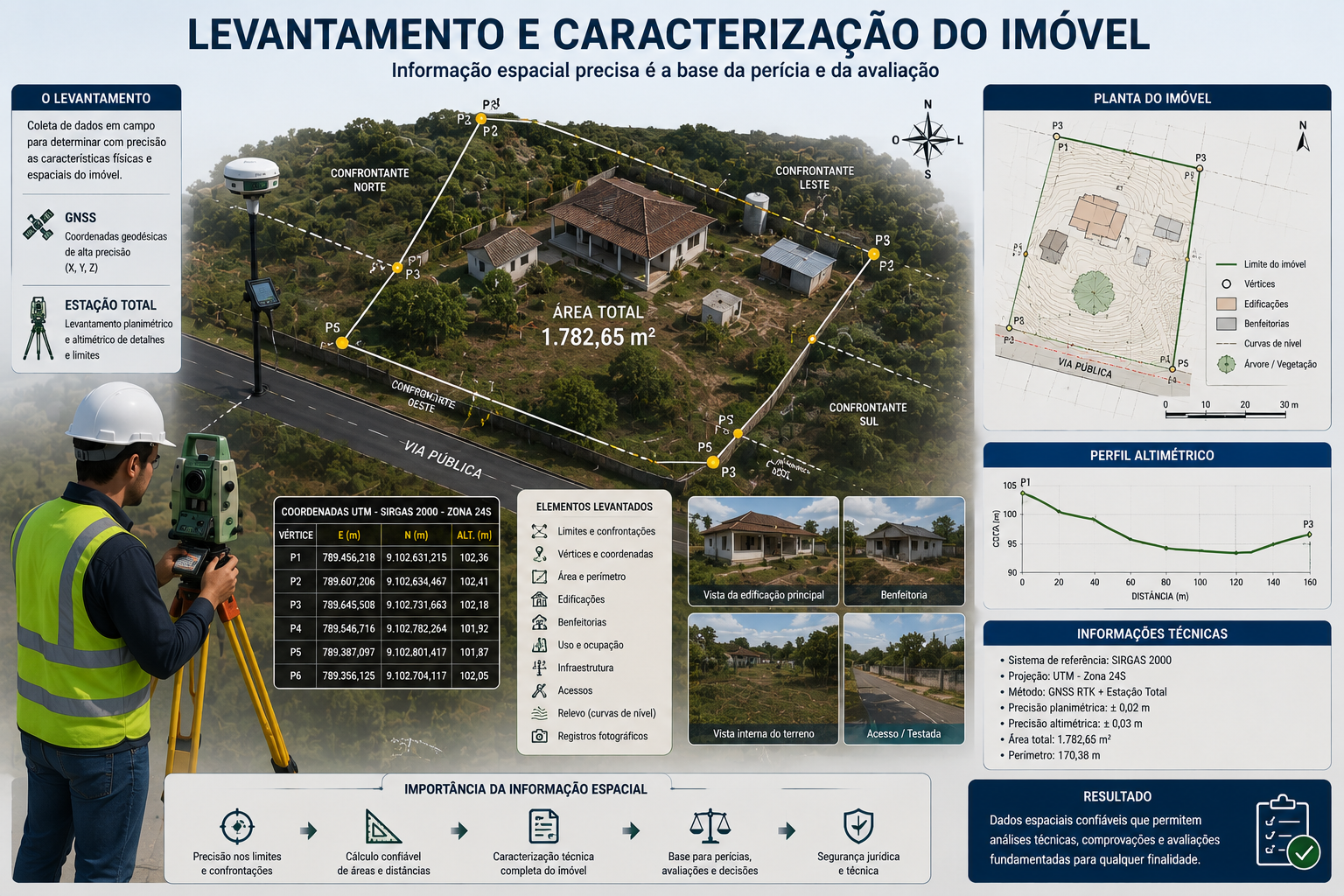 Infográfico de levantamento e caracterização do imóvel com GNSS e estação total, vértices, coordenadas UTM, área, perímetro, planta e perfil altimétrico.