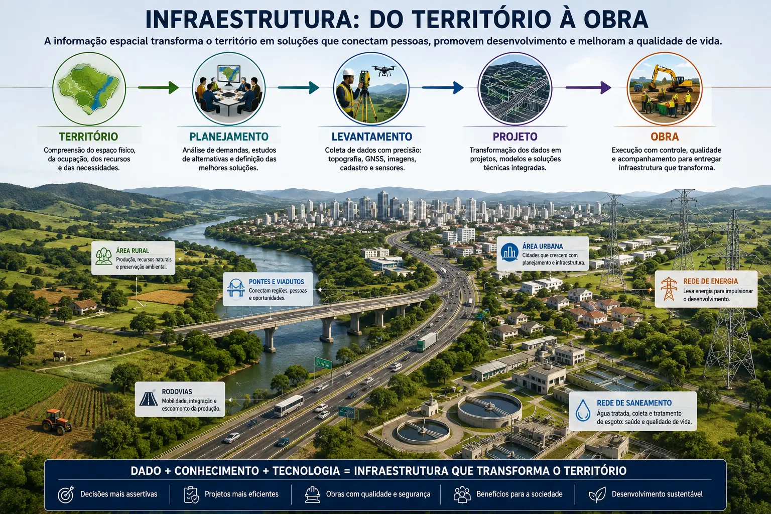 Infraestrutura do território à obra, mostrando a integração entre território, planejamento, levantamento, projeto e execução.