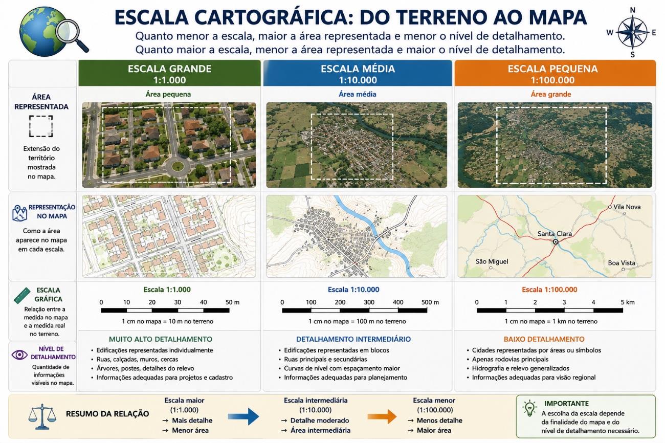 Relação entre escala, área representada e nível de detalhamento