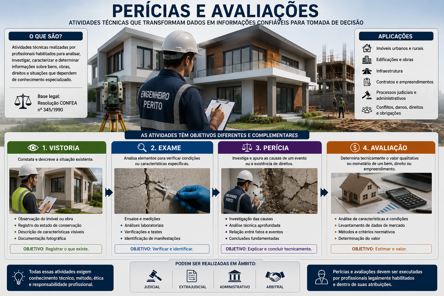 Infográfico com a distinção entre vistoria, exame, perícia e avaliação, aplicações e âmbitos judicial, extrajudicial, administrativo e arbitral.
