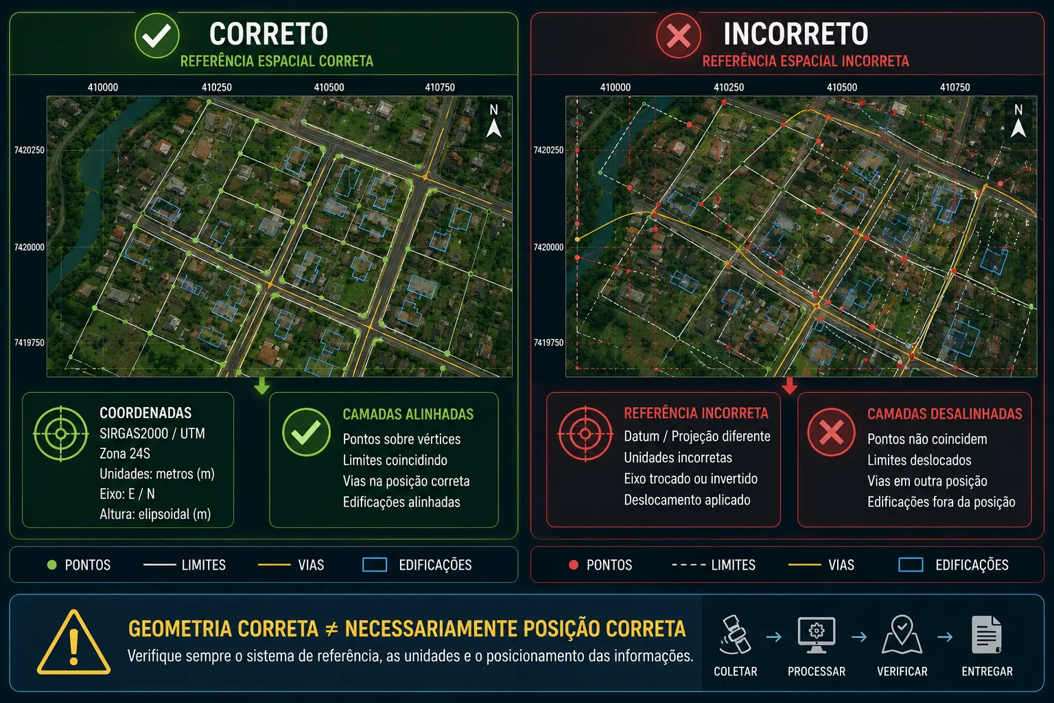 Comparação entre referência espacial correta e incorreta e seus efeitos no posicionamento das camadas