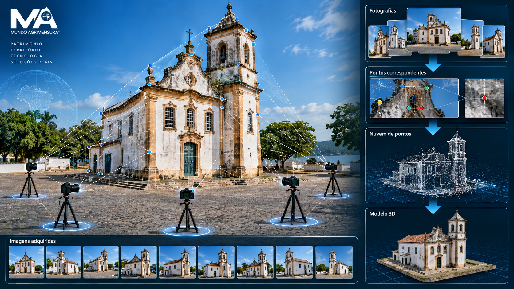 Representação de Fotogrametria Terrestre com câmeras em diferentes posições, fotografias, pontos correspondentes, nuvem de pontos e modelo tridimensional de uma estrutura.