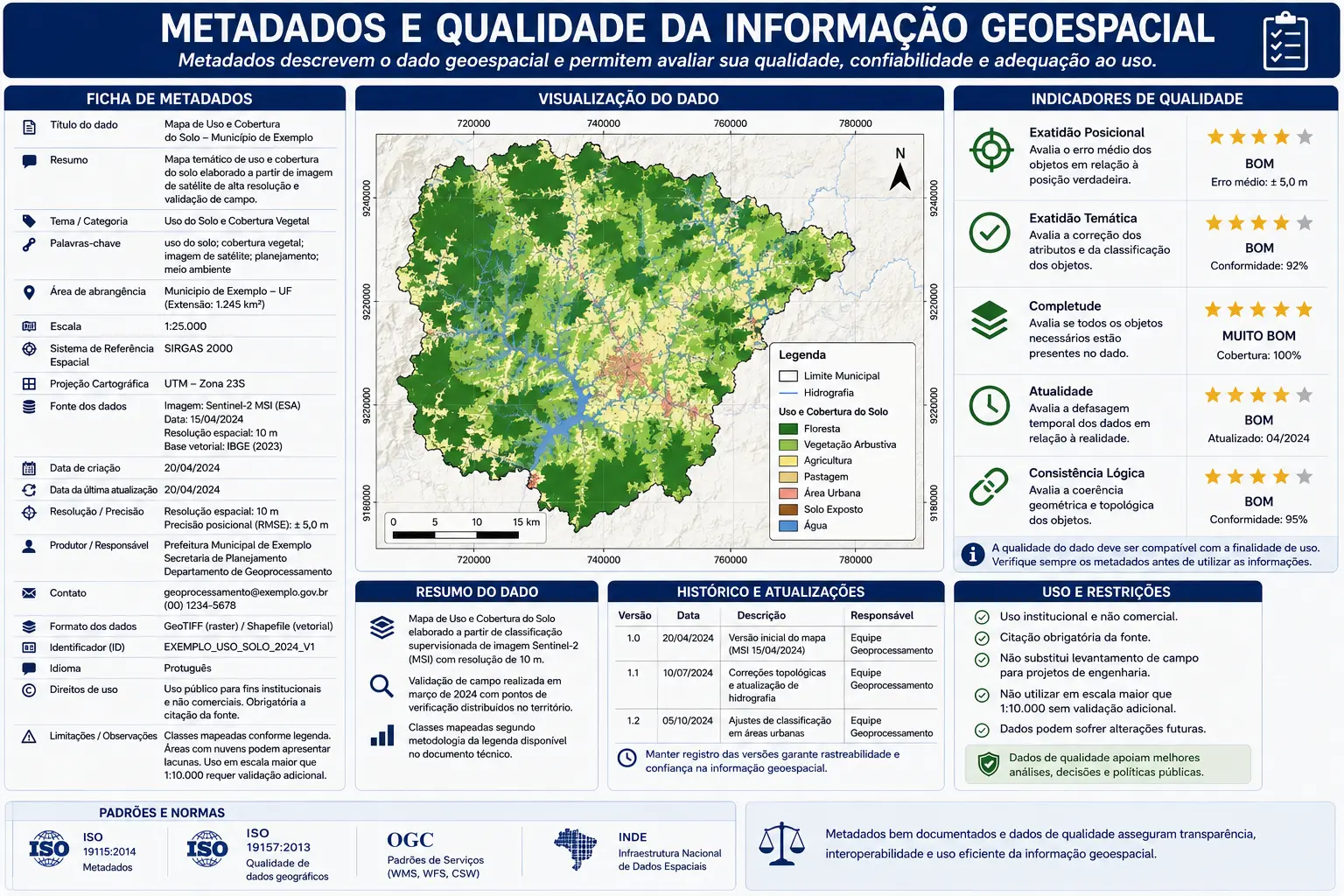Ficha de metadados de um dado geoespacial e indicadores de qualidade: exatidão posicional, exatidão temática, completude, atualidade e consistência lógica