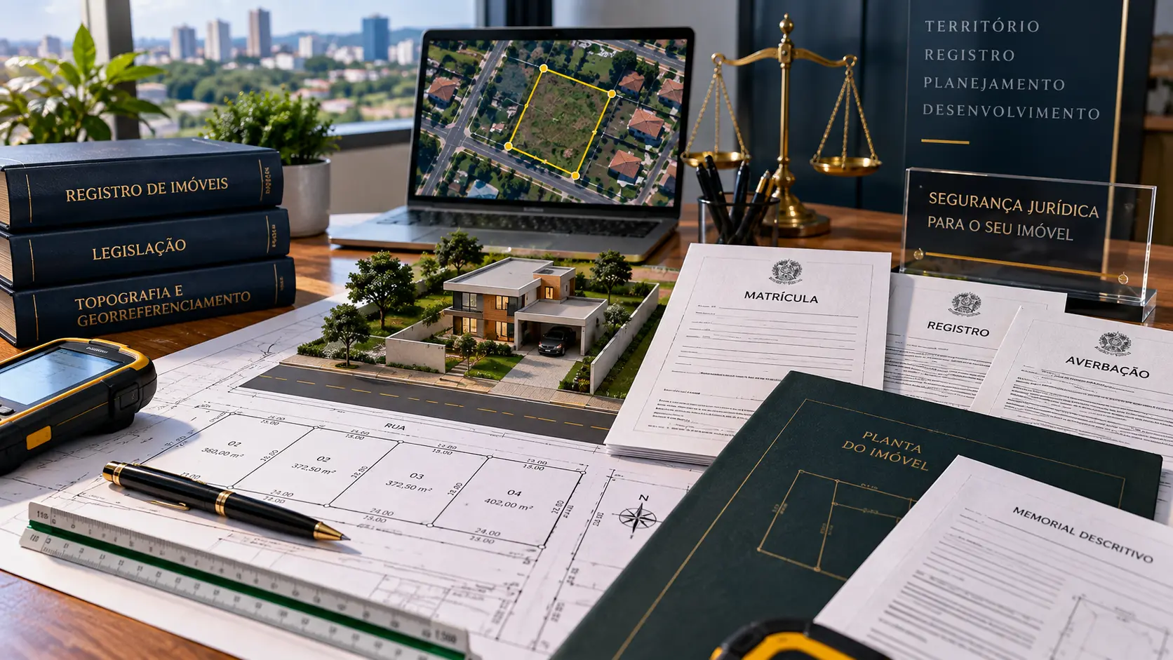 Representação do registro imobiliário, com documentos, matrícula do imóvel e sua relação com a representação do terreno.