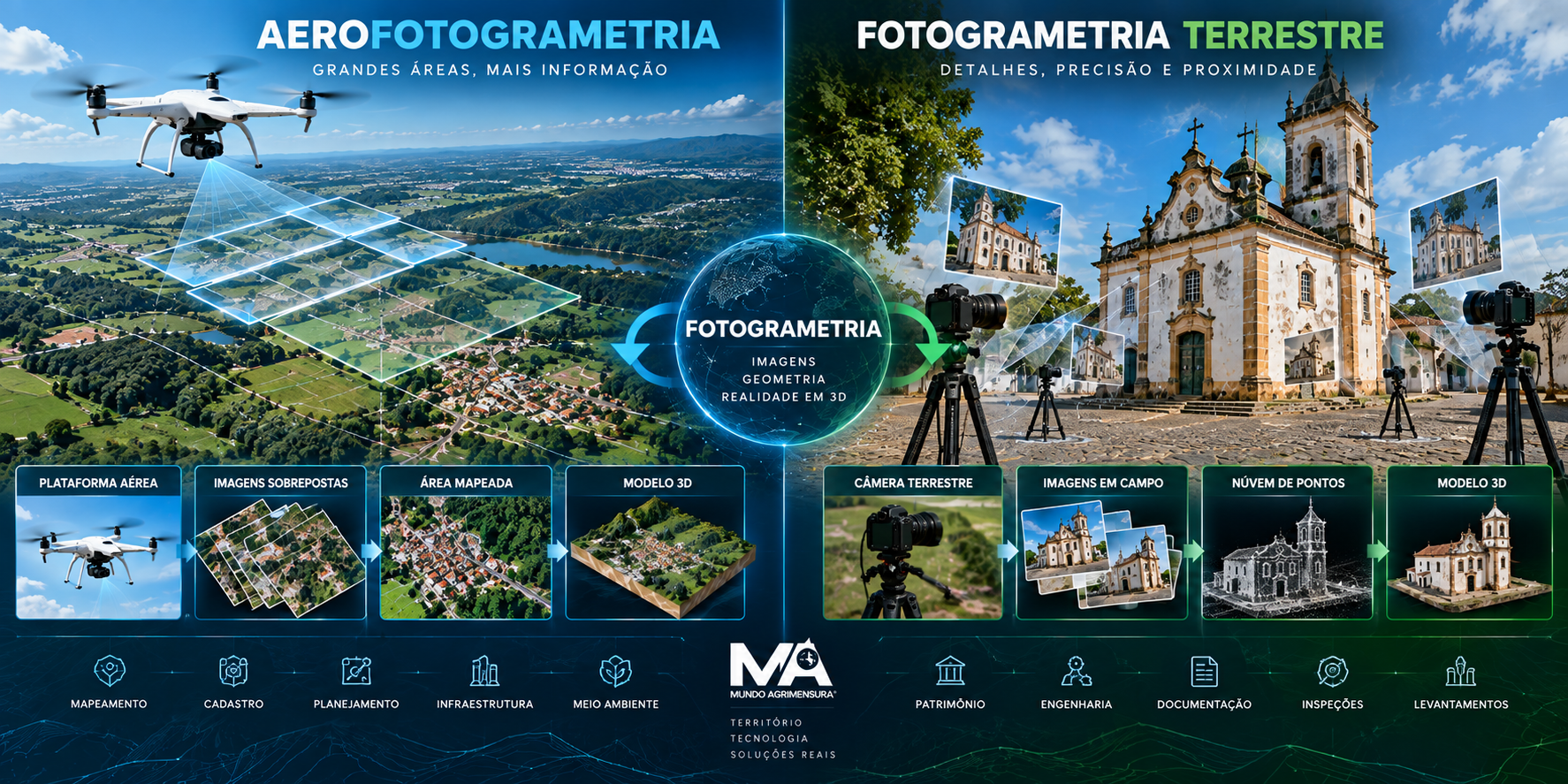 Comparação visual entre Aerofotogrametria e Fotogrametria Terrestre, mostrando diferentes métodos de aquisição e geração de modelos tridimensionais.