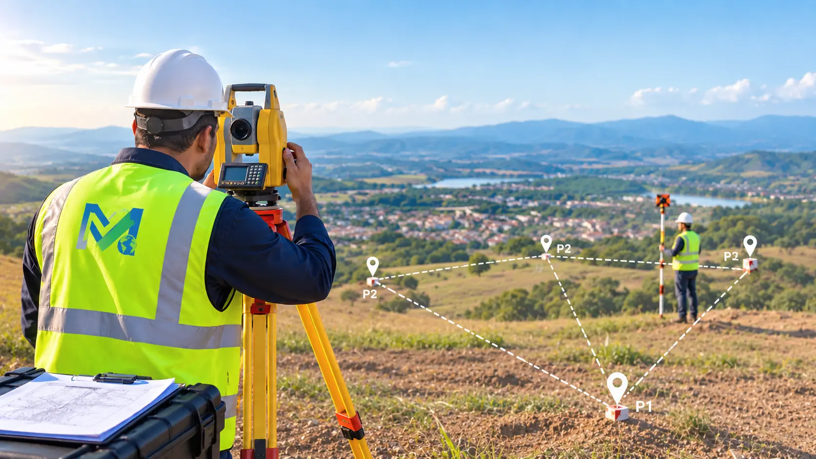 Levantamento planimétrico com estação total e pontos P1 e P2 materializados no terreno, formando o polígono medido