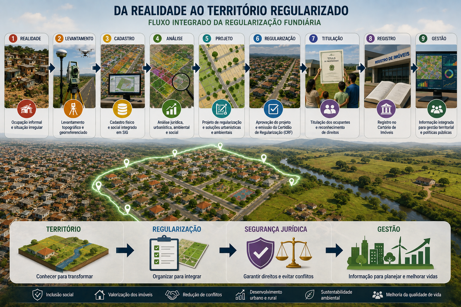 Fluxo geral da regularização fundiária, da realidade territorial informal até a gestão do território regularizado