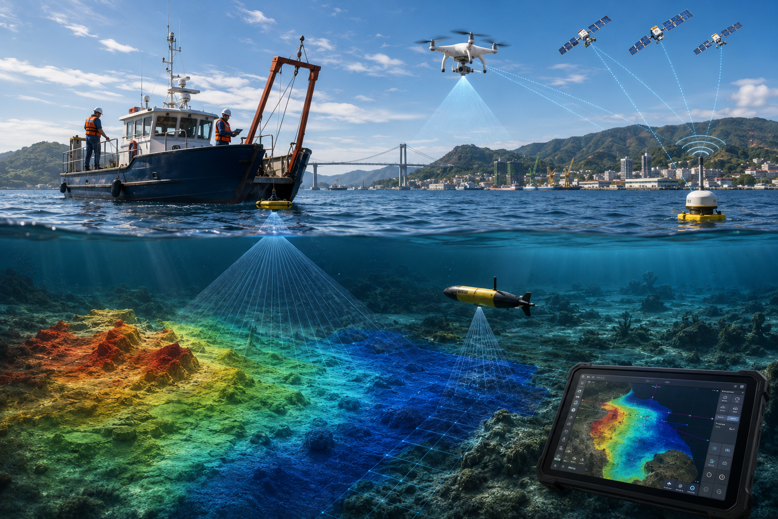 Embarcação equipada com receptor GNSS e ecobatímetro realizando a aquisição de profundidades
