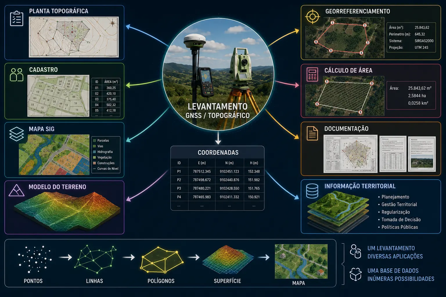 Um levantamento GNSS ou topográfico gerando planta, cadastro, mapa SIG, modelo do terreno, georreferenciamento e documentação
