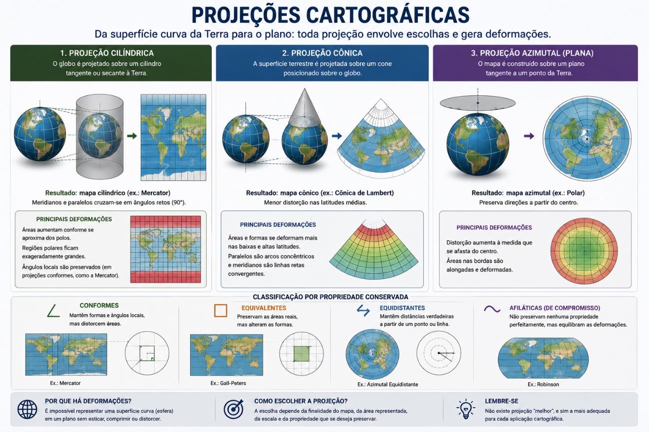 Formas de projeção da superfície curva da Terra em um plano e as deformações associadas