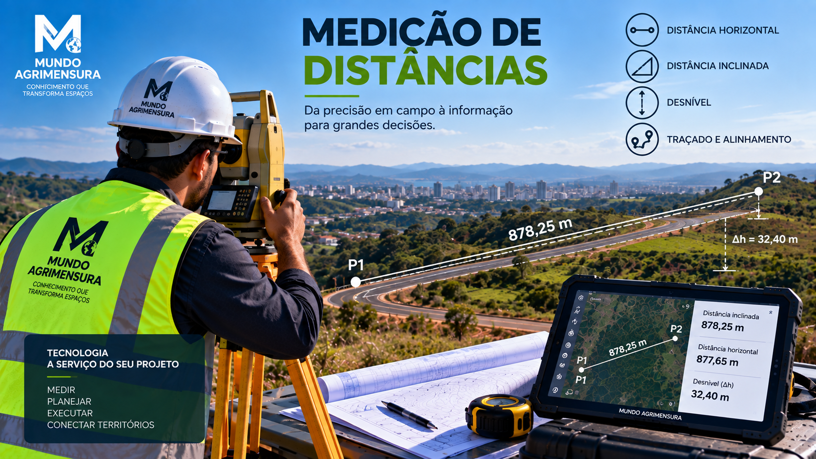 Medição de distâncias com estação total entre os pontos P1 e P2, indicando distância inclinada, distância horizontal e desnível