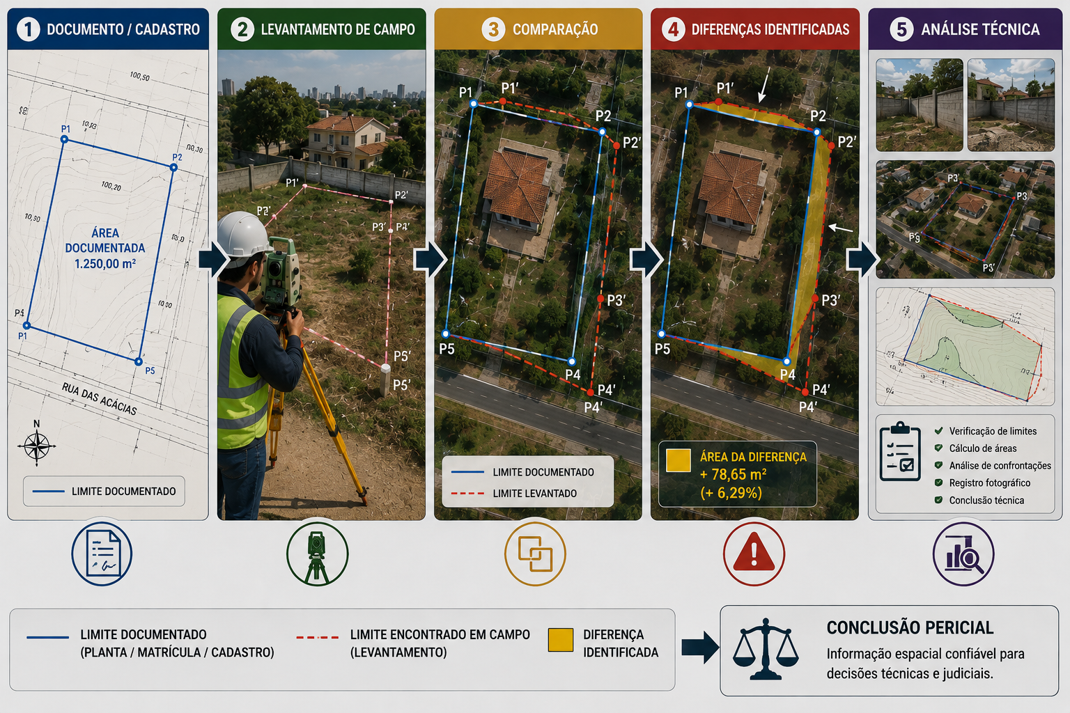 Sequência comparando limite documentado e limite levantado em campo, com identificação da diferença de área e análise técnica.