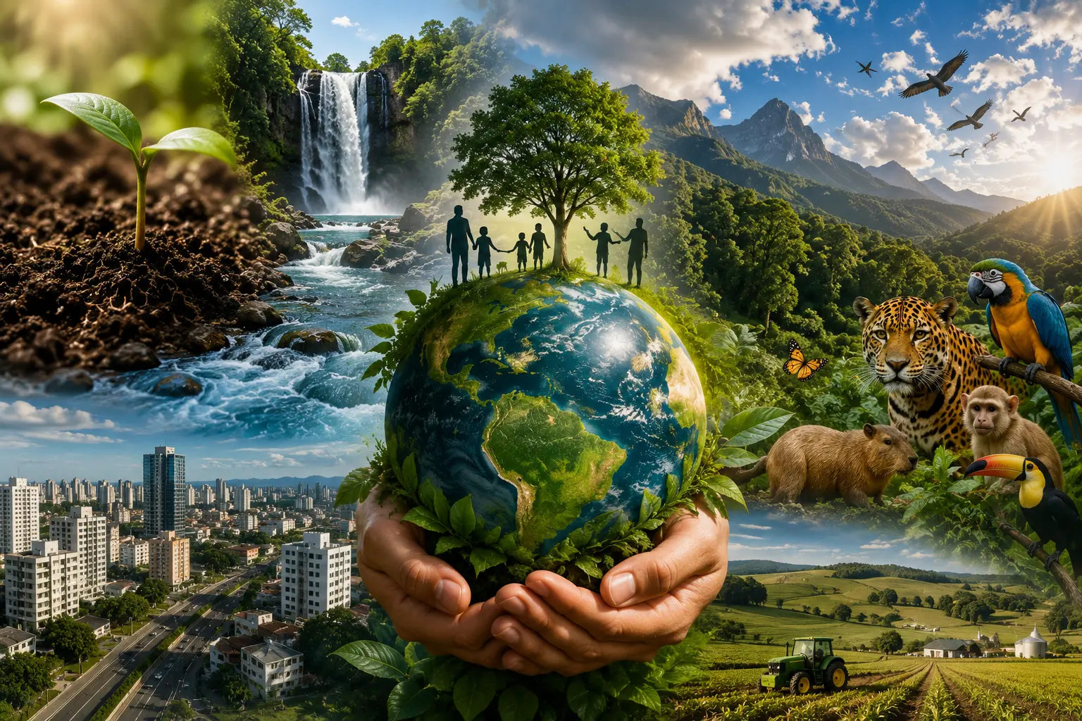 Composição ilustrando recursos naturais: solo, água, vegetação, relevo, fauna, áreas urbanas e rurais e a relação entre sociedade e natureza.