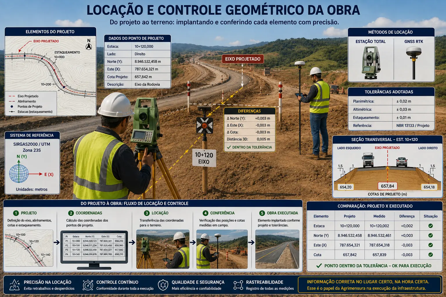 Locação e controle geométrico de obra com estação total, GNSS, eixo projetado, coordenadas e conferência.