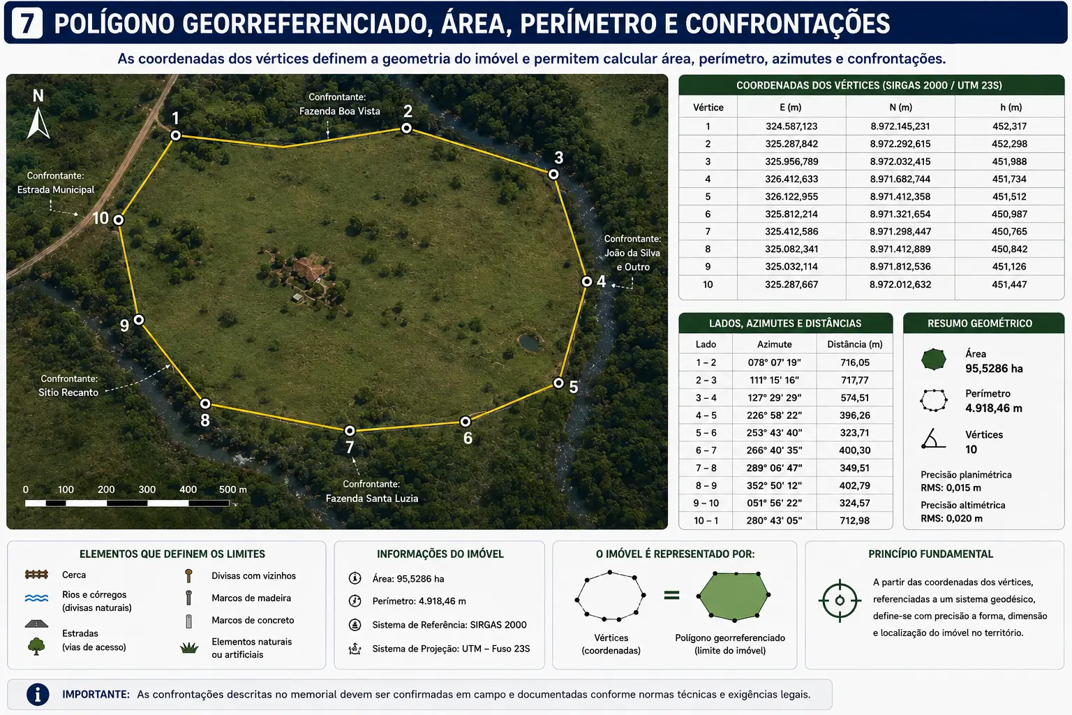 Polígono georreferenciado com área, perímetro, azimutes, distâncias e confrontações do imóvel
