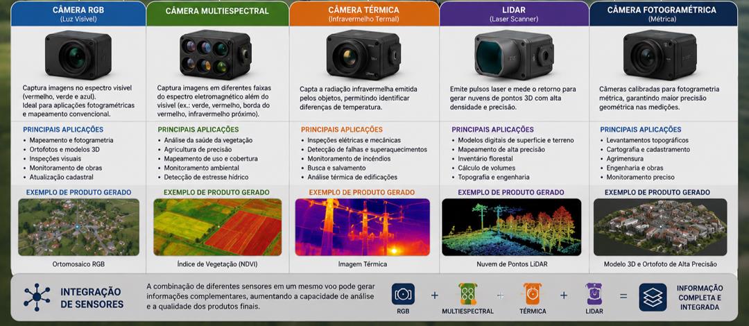 Sensores embarcados em drones: câmera RGB, multiespectral, térmica, LiDAR e câmeras fotogramétricas