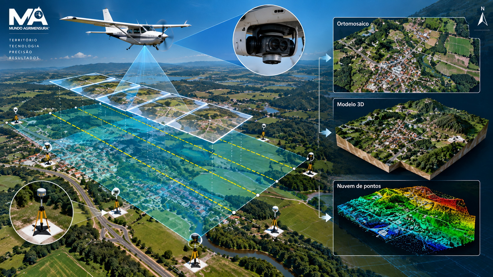 Representação de levantamento aerofotogramétrico com plataforma aérea, linhas de voo, fotografias sobrepostas, pontos de apoio, ortomosaico, nuvem de pontos e modelo 3D.