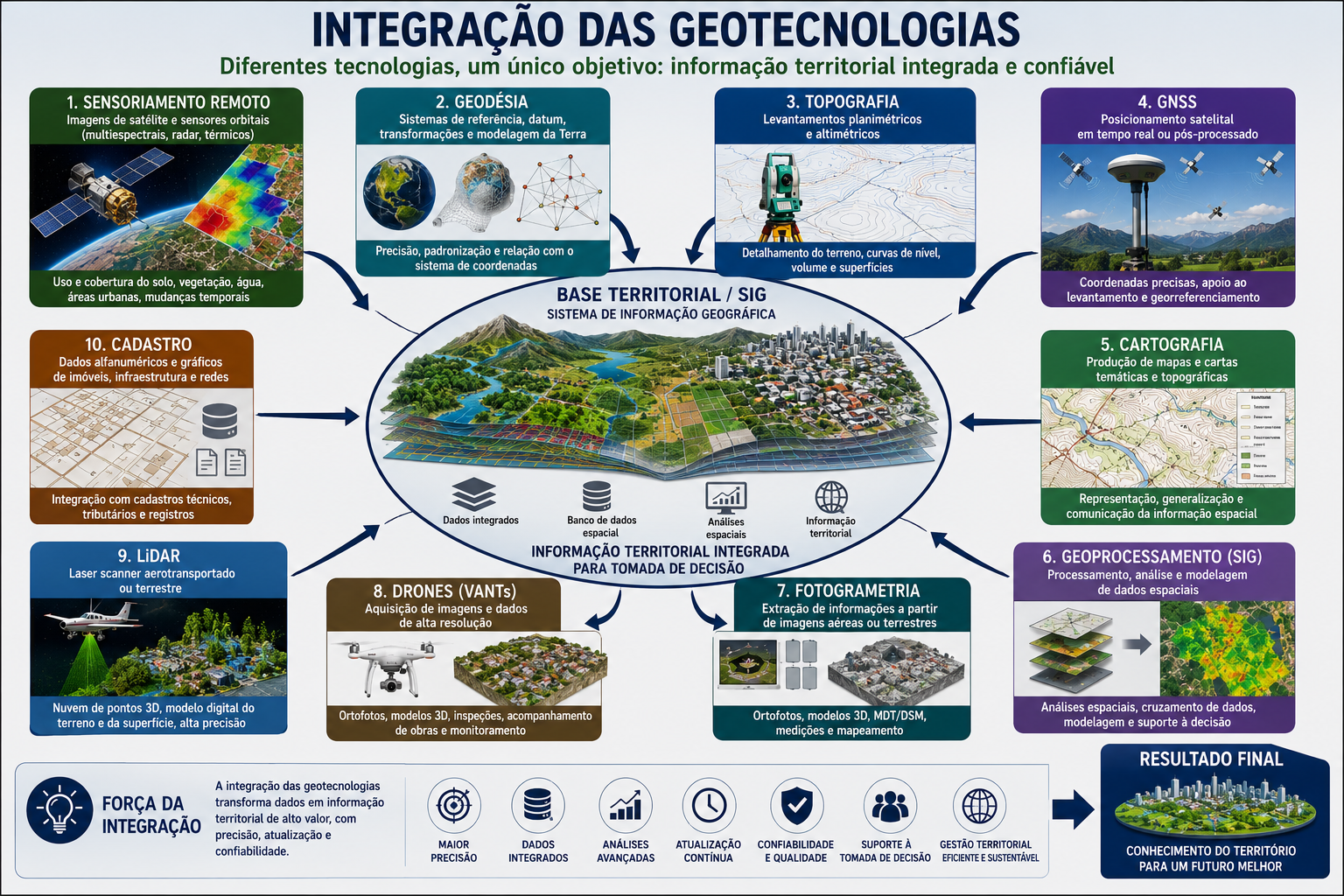 Integração das geotecnologias em torno de uma base territorial comum: Geodésia, Topografia, GNSS, Cartografia, SIG, Fotogrametria, Drones, LiDAR e Cadastro