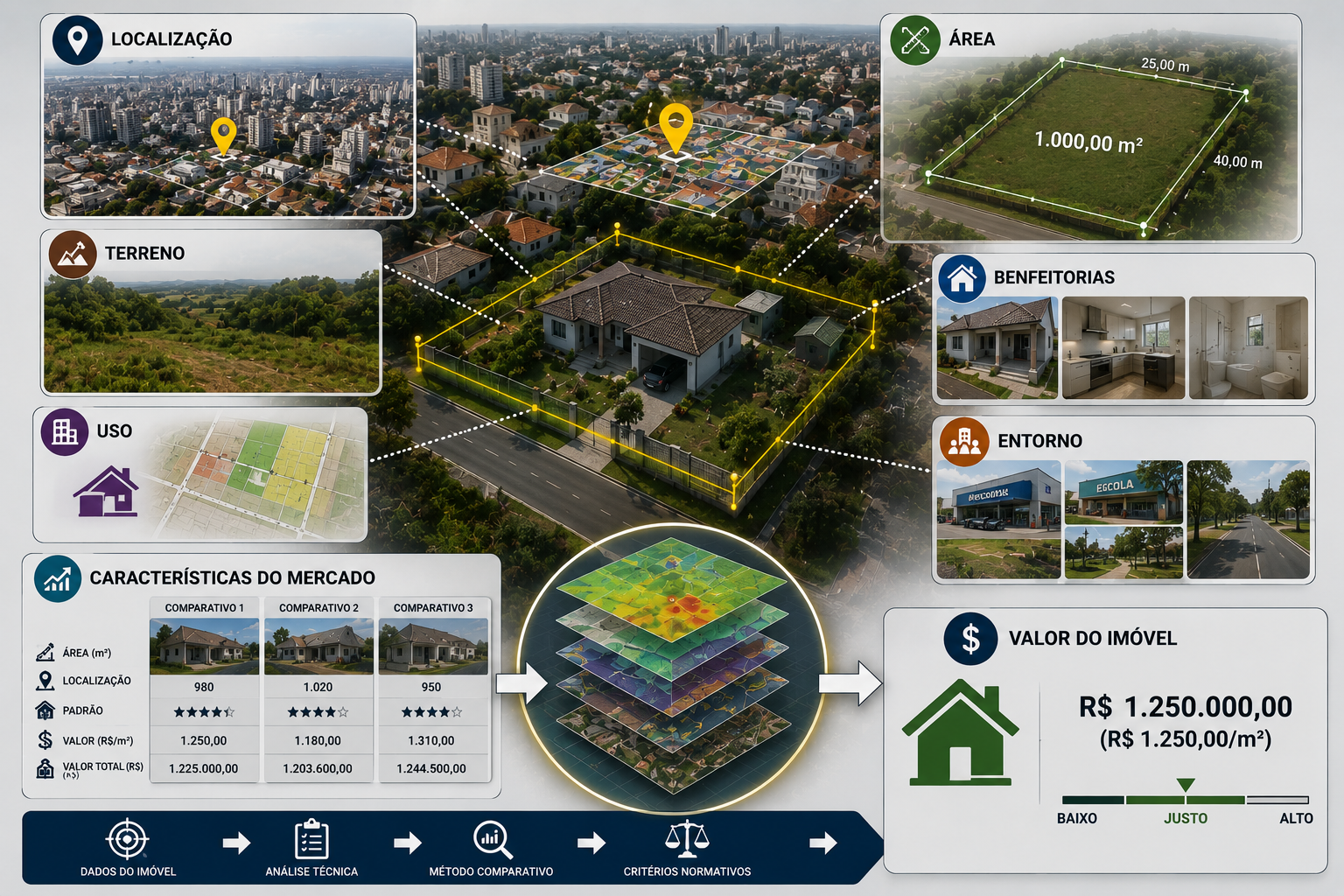 Infográfico de avaliação imobiliária relacionando localização, área, terreno, benfeitorias, uso, entorno e dados comparativos de mercado ao valor do imóvel.