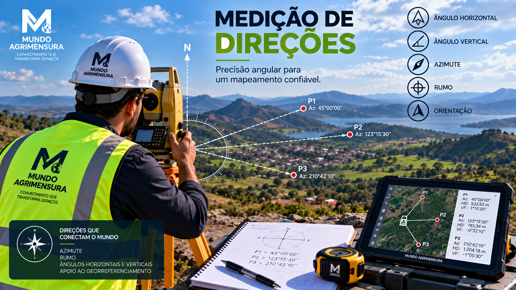 Medição de direções com estação total, indicando o Norte e os azimutes observados para os pontos P1, P2 e P3