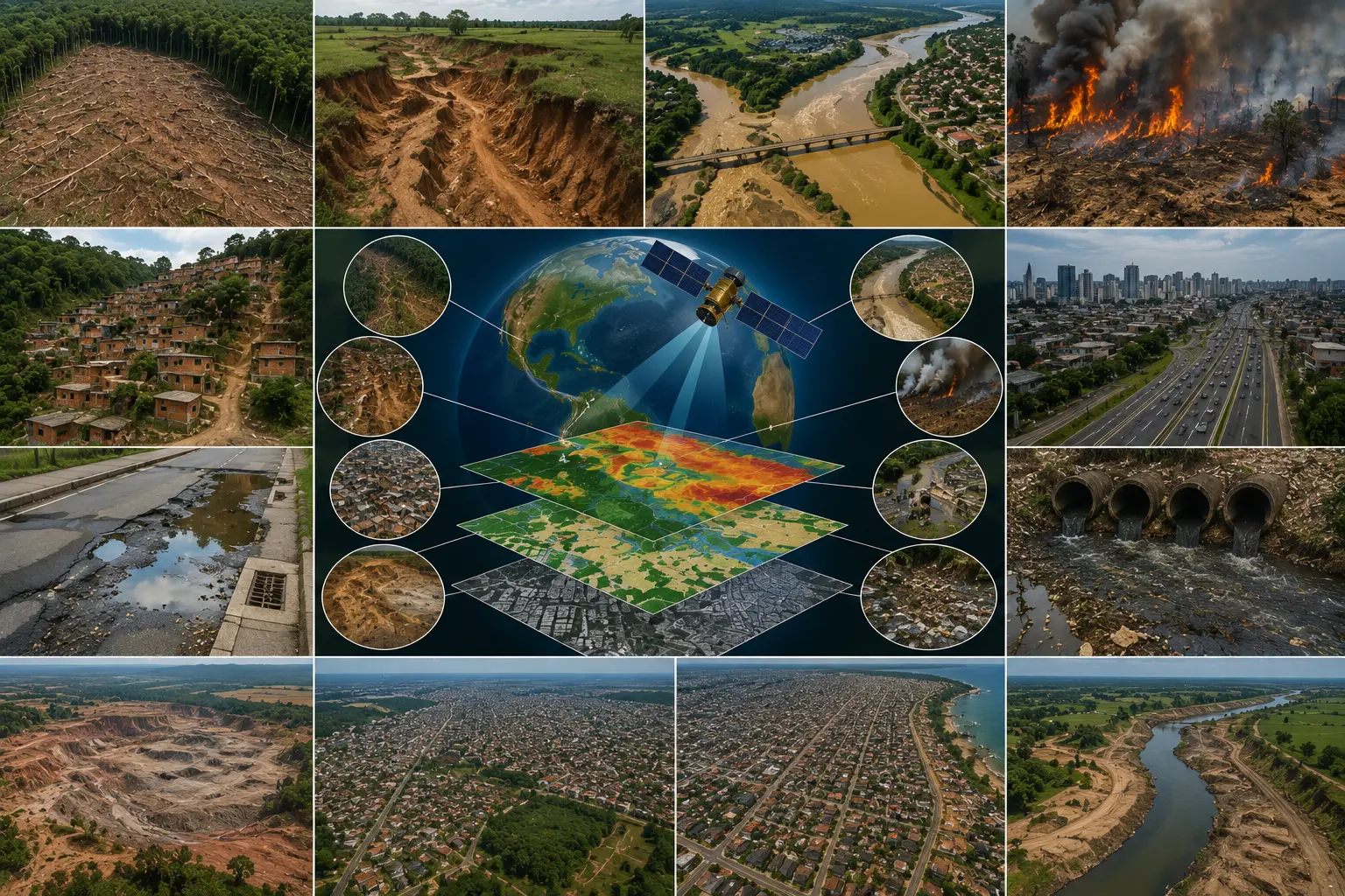 Mosaico de impactos ambientais: desmatamento, erosão, assoreamento, queimadas, ocupação irregular, poluição e expansão urbana, com monitoramento por satélite.