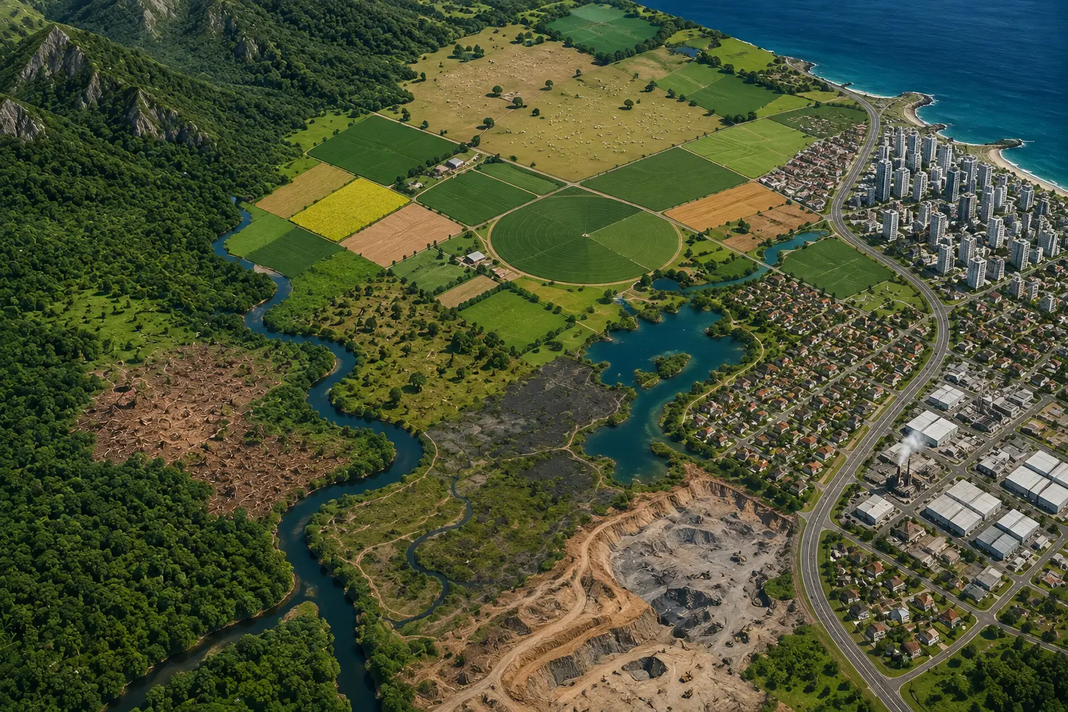 Vista aérea com mosaico de usos e coberturas da terra: floresta, áreas agrícolas, corpos d'água, mineração, área urbana e industrial.