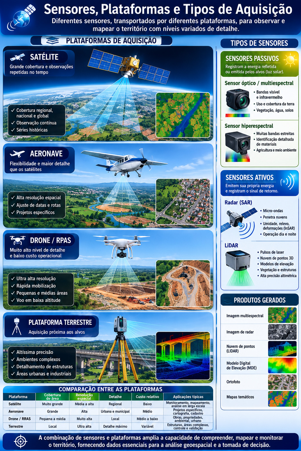 Plataformas de aquisição (satélite, aeronave, drone e terrestre) e tipos de sensores passivos e ativos