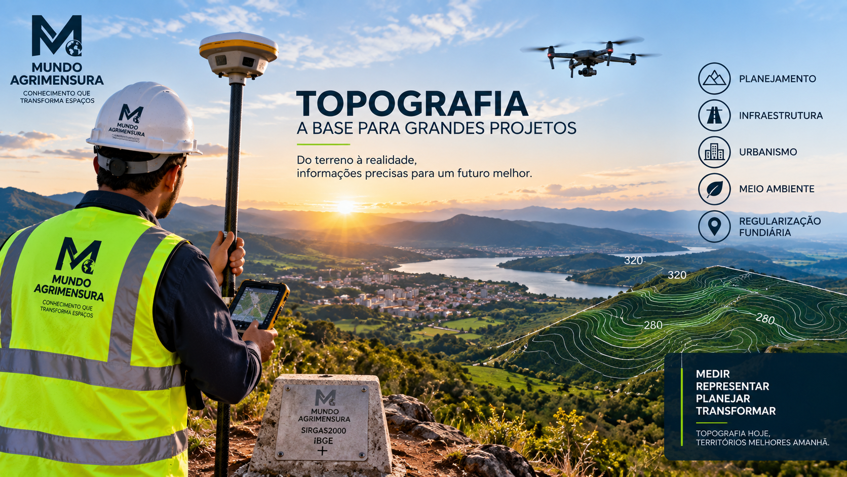 Terreno representado por curvas de nível cotadas, com levantamento por receptor GNSS e drone em campo