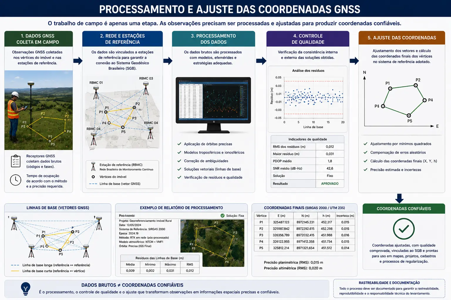 Processamento e ajuste das coordenadas GNSS: coleta, estações de referência, processamento, controle de qualidade e ajuste