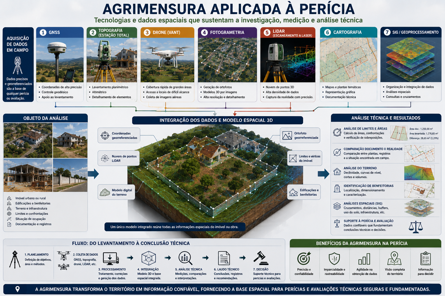 Infográfico da Agrimensura aplicada à perícia: GNSS, topografia, drone, fotogrametria, LiDAR, cartografia e SIG convergindo para um modelo espacial integrado e análise técnica.