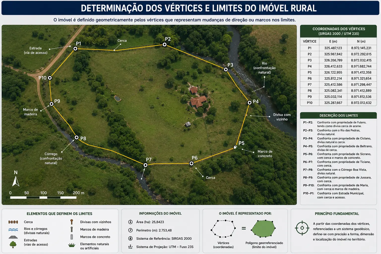 Determinação dos vértices e limites do imóvel rural, com coordenadas dos vértices e descrição das confrontações