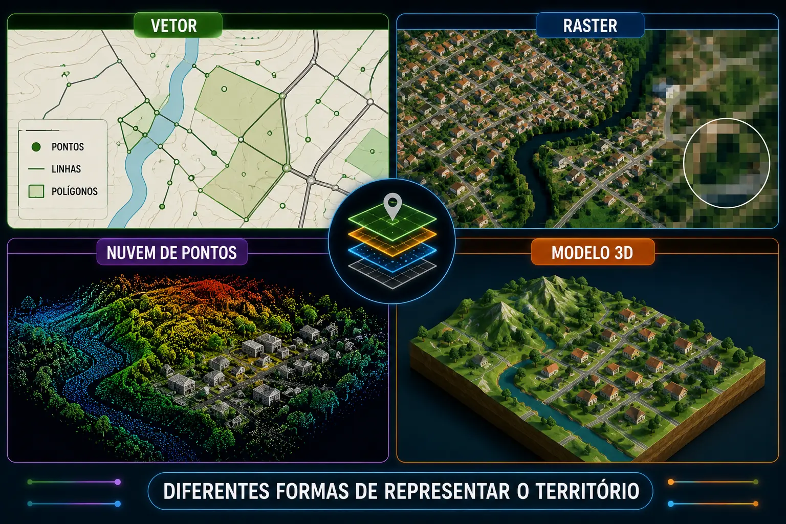 Comparação entre vetor, raster, nuvem de pontos e modelo 3D como formas de representar o território