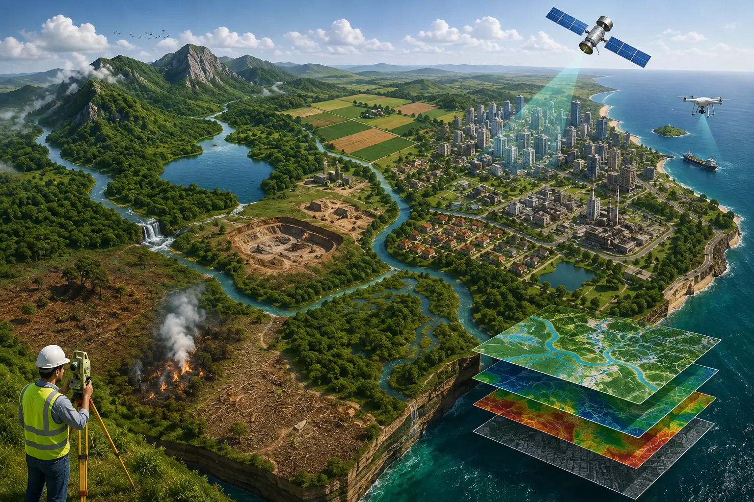 Paisagem territorial integrando áreas naturais, agrícolas, urbanas e costeiras, com levantamento em campo, satélite, drone e camadas de informação espacial.
