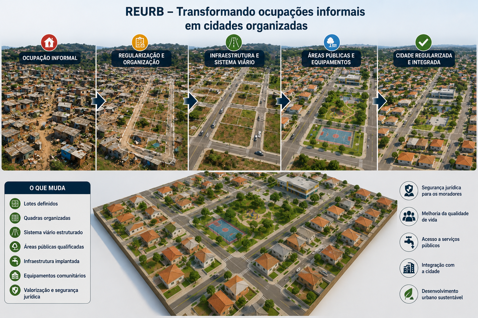 Transformação de um núcleo urbano informal em área urbana organizada, com infraestrutura, lotes definidos e áreas públicas