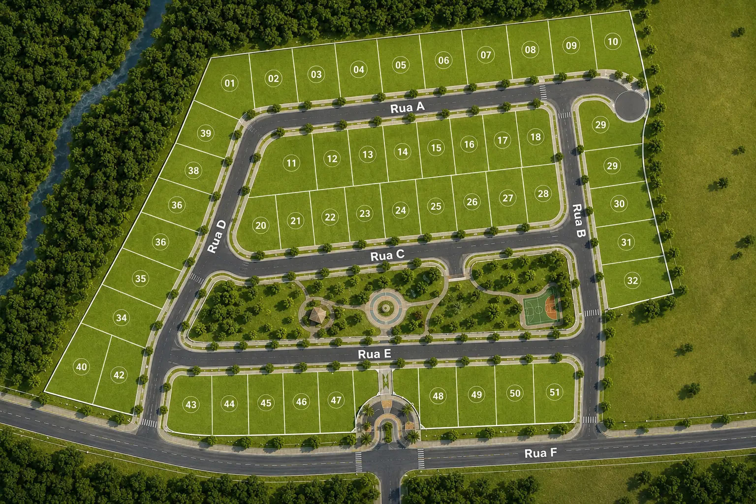 Área planejada com parcelas, vias, áreas comuns, espaços verdes e infraestrutura organizada