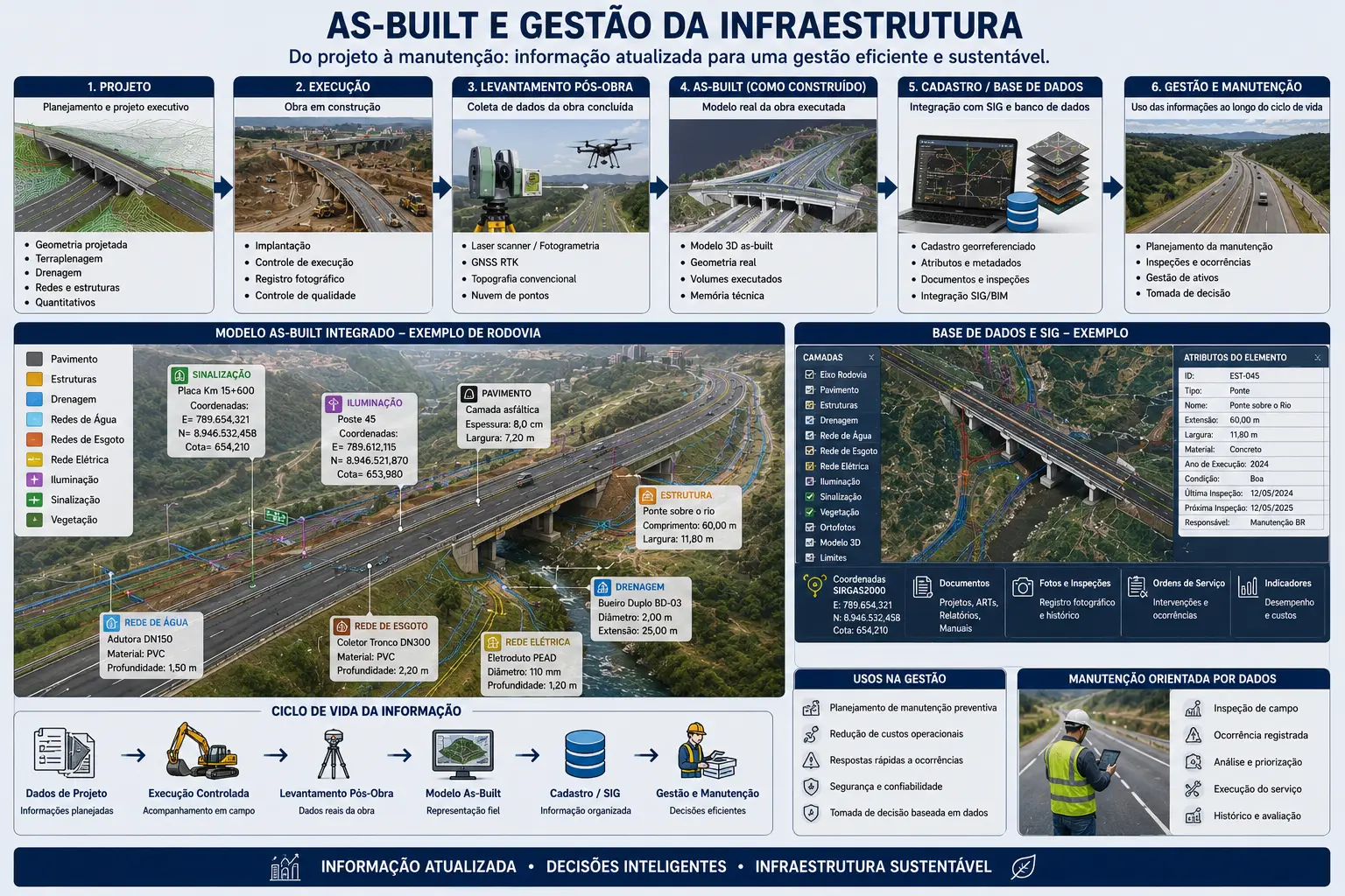 As-built e gestão da infraestrutura mostrando projeto, execução, levantamento pós-obra, cadastro e manutenção.