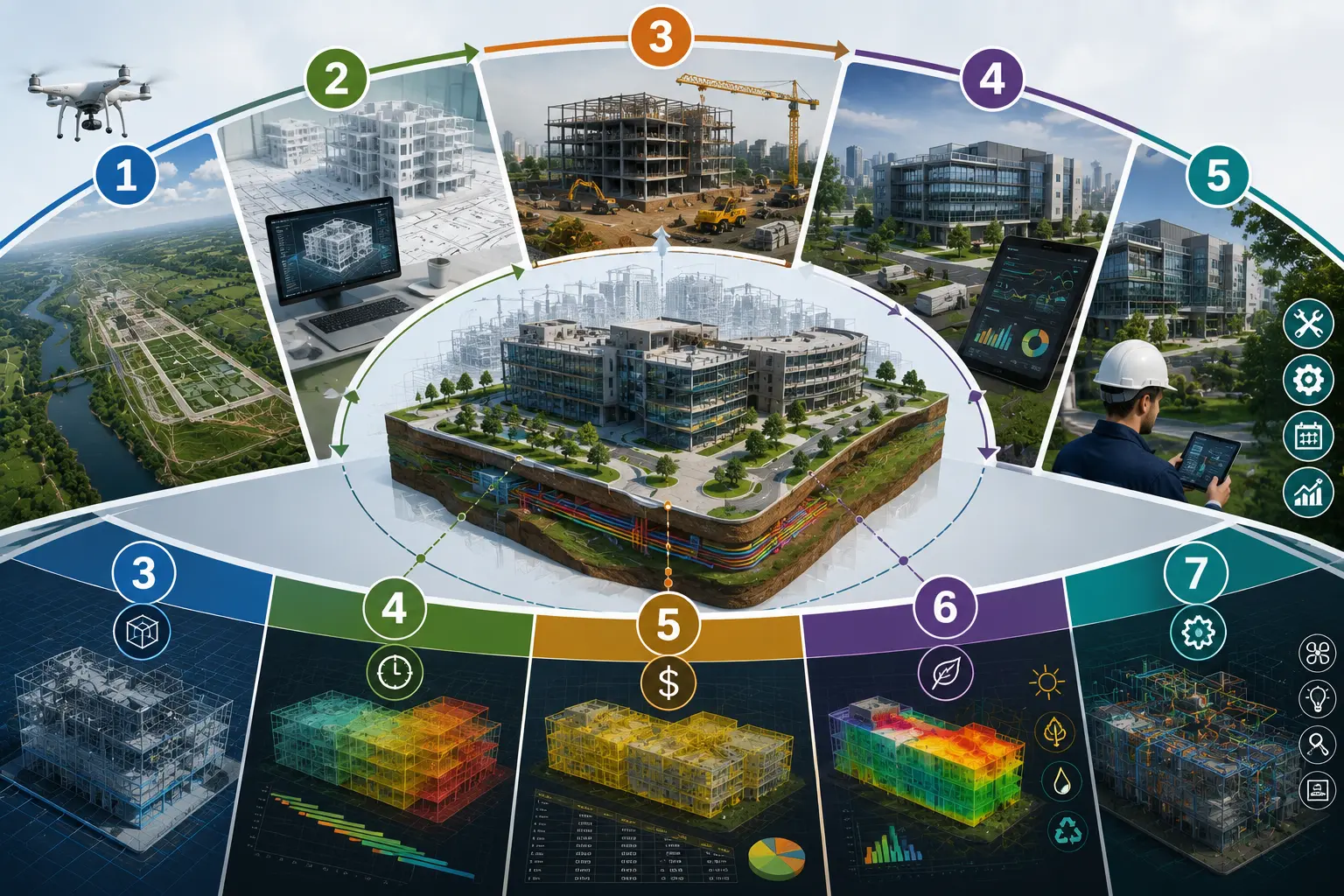 Aprofundamento visual da integração entre ciclo de vida, dimensões BIM e modelo integrado, do levantamento do terreno à operação e manutenção do ativo.