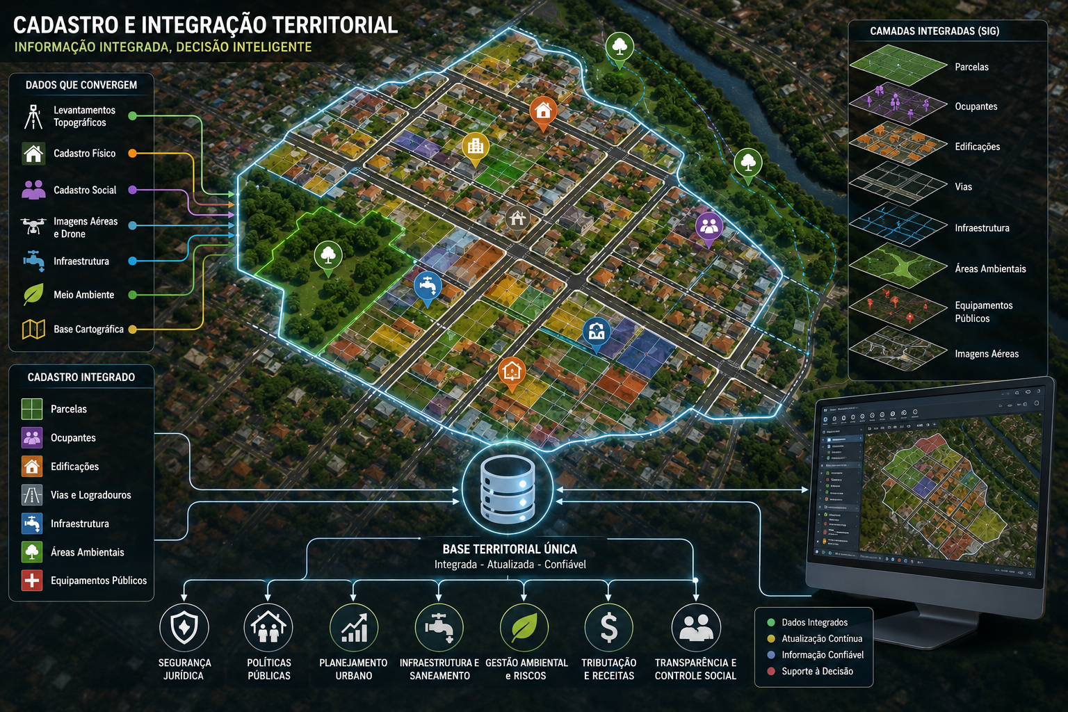 Camadas de cadastro territorial sobrepostas em ambiente SIG, com parcelas, ocupantes e infraestrutura