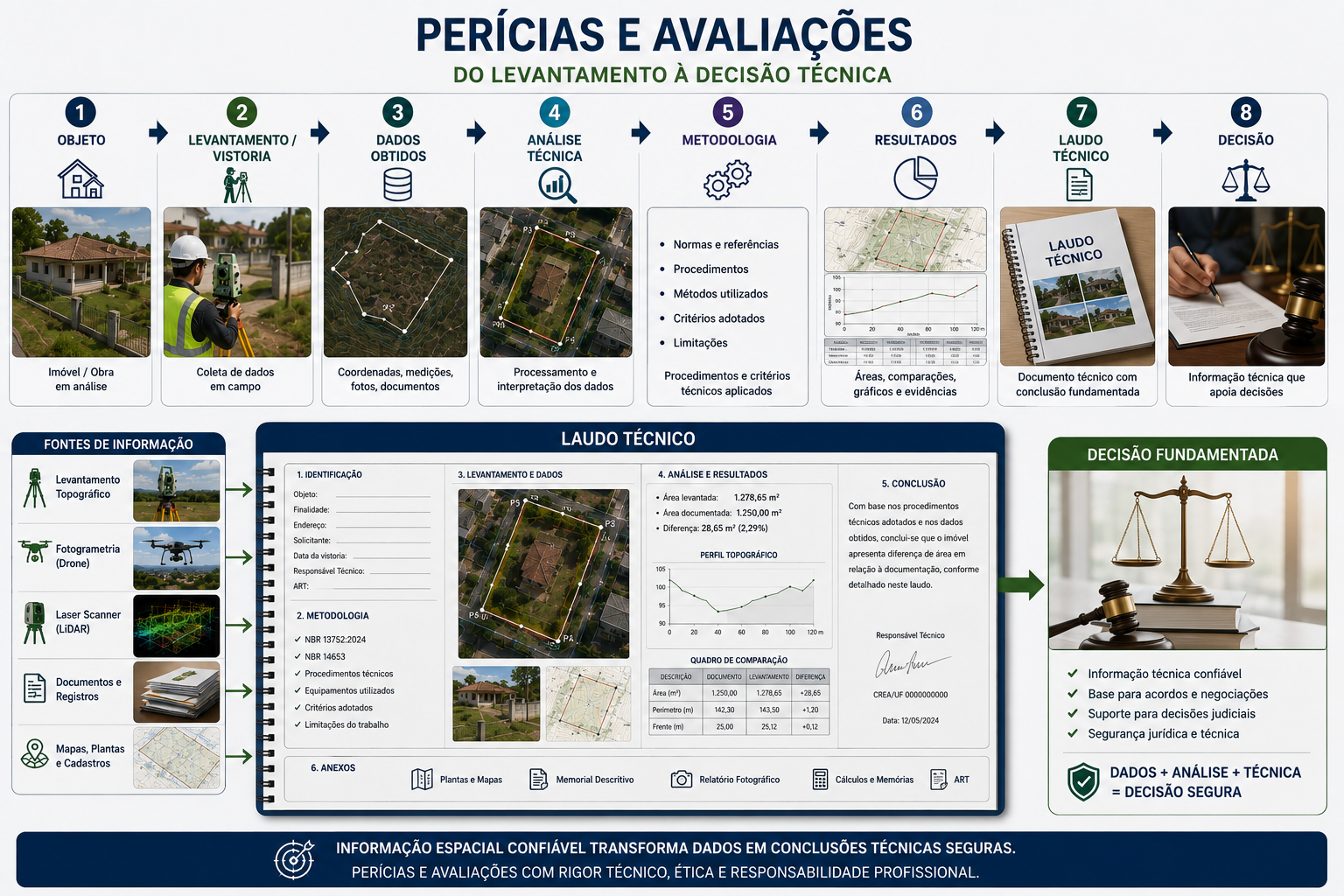 Fluxo do objeto ao laudo e à decisão técnica, com modelo ilustrativo de laudo contendo mapas, levantamento, fotografias, gráficos e conclusão.