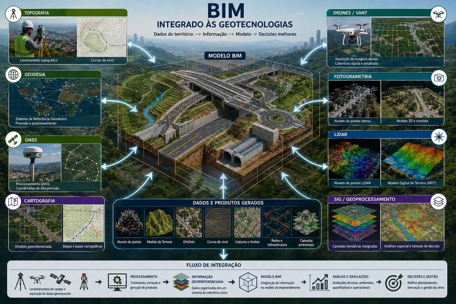 BIM integrado às geotecnologias: Topografia, Geodésia, GNSS, Fotogrametria, drones, LiDAR, Cartografia e SIG/Geoprocessamento convergindo para o modelo BIM.