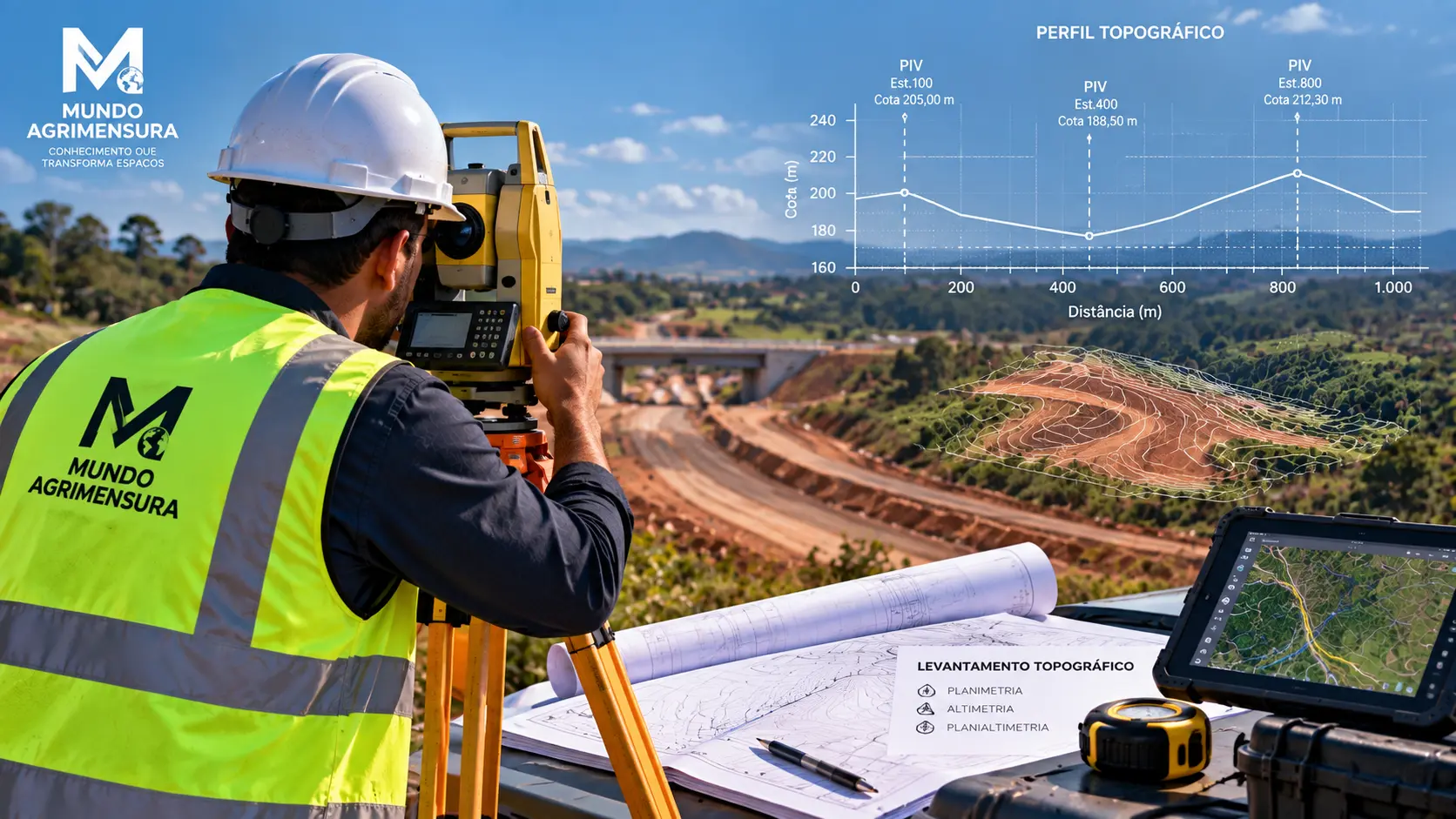 Perfil topográfico com cotas e estacas obtido pelo nivelamento, ao lado da estação total em operação